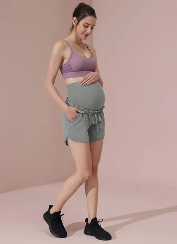 Vista 3 de Maacie Maternity High Waist Shorts Drawstring Workout Shorts with Pockets