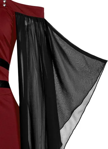 Vista 5 de Vestido renacentista gótico con tirantes en el pecho con cordones cruzados fuera del hombro, manga de mariposa, vestido steampunk