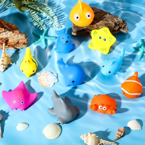 Vista 6 de Poen 100 juguetes de baño de goma a granel, lindos animales marinos, juguetes flotantes, animales chirriantes para fiestas de cumpleaños, regalos