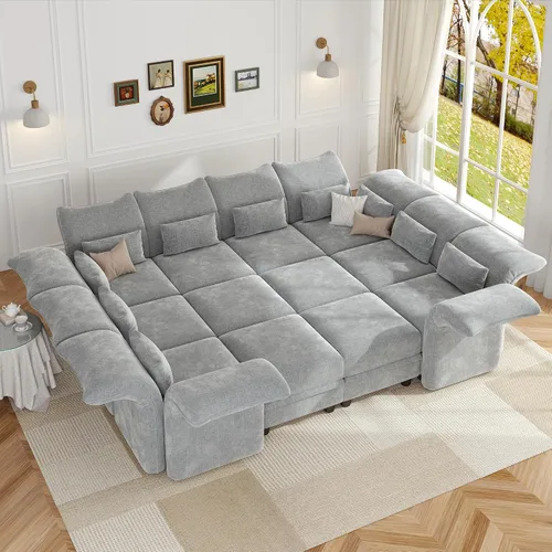 Vista 21 de LLappuil Sofá seccional beige con almacenamiento, sofás modulares de pana para sala de estar con apoyabrazos ajustables, cojines de felpa gruesos, 6