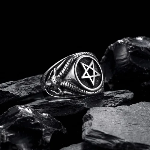 Vista 3 de Anillo de pentagrama Baphomet Cabra Satanás Demonio Diablo Hombres Anillos de Acero Inoxidable Joyería Vintage