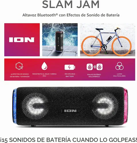 Vista 8 de ION Audio Slam Jam-IPX7 - Altavoz Bluetooth impermeable con micrófono, batería recargable, 15 sonidos de batería, entrada auxiliar y puerto de carga