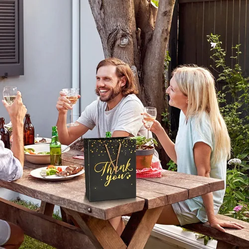 Vista 6 de PAICUIKE 20 bolsas de regalo negras y doradas con asas, tamaño mediano, bolsas de agradecimiento a granel para bodas, fiestas y pequeñas empresas