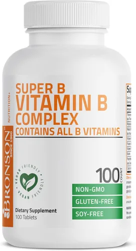 Vista 3 de Bronson Complejo de vitamina B (vitamina B1, B2, B3, B6, B9 - ácido fólico, B12), 100 tabletas