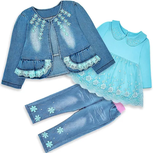 Vista 2 de Peacolate 6M-4Years Primavera Otoño Bebé Niñas Ropa Conjunto 3pcs Manga Larga Vestido Denim Chaqueta y Jeans Azul Lace