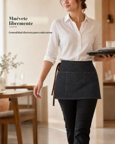 Vista 2 de Toyvian Delantal de cintura de mezclilla duradero con 3 bolsillos, unisex, delantal corto para camarera, bar, cafetería y cocina Negro