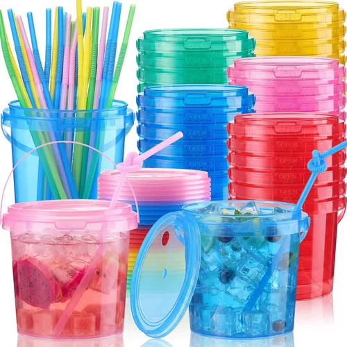 Vista 11 de Funnymoom Paquete de 36 cubos de plástico para ron para bebidas con pajita, cubeta de cóctel para helado, con tapas y asas, recipientes de alimentos