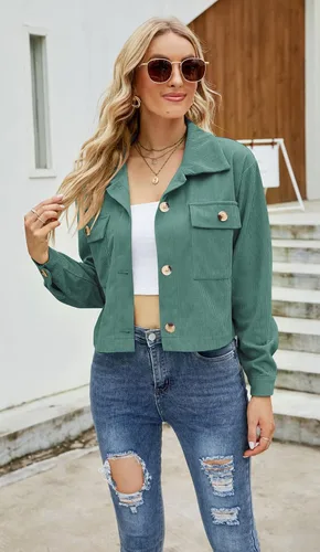 Vista 5 de Chaquetas de pana para mujer, de manga larga, con botones, con bolsillo, blusas casuales