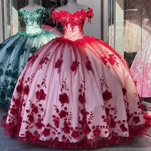 Vista 2 de Vestidos de quinceañera con hombros descubiertos para mujer, tul con flores 3D, vestidos de fiesta con cariño 15 16