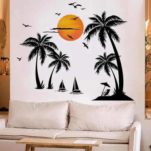 Vista 5 de Calcomanías de pared grandes de palmera negra, calcomanías de pared de pájaros tropicales de cocotero, mural de bosque para dormitorio, sala