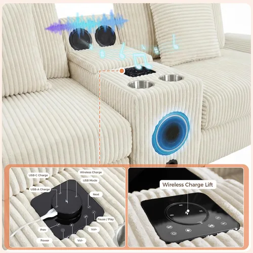 Vista 5 de MAKIAAP Sofá modular de pana de 83 pulgadas con altavoces, cómodo sofá biplaza de asiento profundo con otomana móvil, consola, cargador USB, Beige