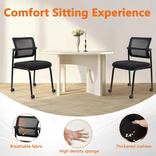 Vista 7 de CLATINA Silla de oficina apilable de malla con ruedas, sin brazos, silla apilable con soporte lumbar ergonómico y cojín de asiento de cuero