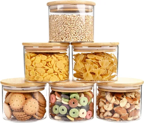 Vista 9 de SHOWIN Tarros de almacenamiento de pasta de vidrio de 73 onzas, tarros altos de vidrio con tapas de bambú, contenedor de espagueti, juego de 3