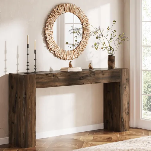 Vista 12 de Mesa Consola de Madera Maciza, Mesa de Sofá Estilo Granja de 63 Pulgadas Detrás del Sofá para Entrada, Sala de Estar, Vestíbulo, Fácil Montaje Negro