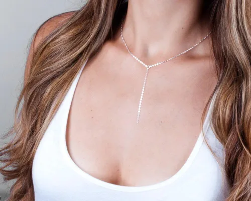 Vista 2 de Cadena de plata de ley Lariat Y – Collar de capas simple de diseñador hecho a mano, longitud 15 pulgadas + 2 pulgadas extensor