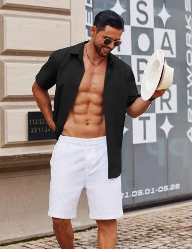 Vista 3 de COOFANDY Camisa de manga corta con botones para hombre, casual, de algodón, para verano, playa, lino, para boda, con bolsillo