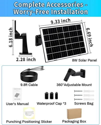 Vista 7 de Panel solar de 8 W para cámara de seguridad, cargador de panel solar con puertos USB-C/Micro/DC de 5 V de 0.138 in, cable de 9.8 pies y montaje