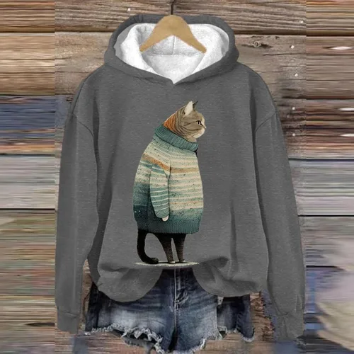 Vista 2 de Sudadera con capucha de moda para mujer, con estampado gráfico de gatoperro, cuello redondo, holgada, 2023, bolsillos de moda, tallas grandes