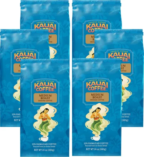 Vista 8 de Kauai Café molido, descafeinado tostado medio, café molido arábica del mayor productor de café de Hawái, aroma brillante con notas florales ligeras