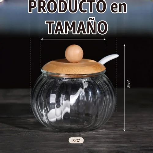 Vista 2 de Bodega de sal, recipiente de vidrio de 8 onzas / 8.5 fl oz con tapa de bambú, lindo tarro de condimento de calabaza, recipiente de almacenamiento