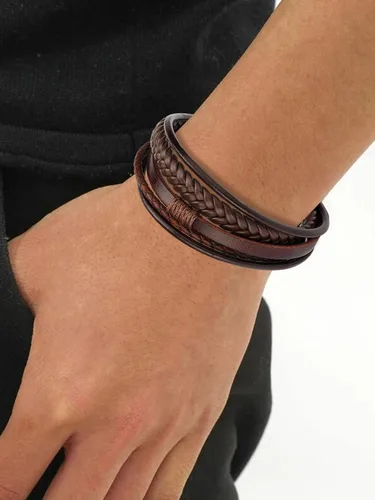 Vista 2 de Pulseras de cuero para hombre, pulseras de cuero trenzado multicapa con cierre magnético, pulsera ajustable para niños