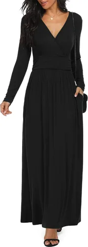 Vista 18 de LILBETTER - Vestido largo de manga larga, cuello en V profundo, holgado, liso y casual para mujer Verde militar