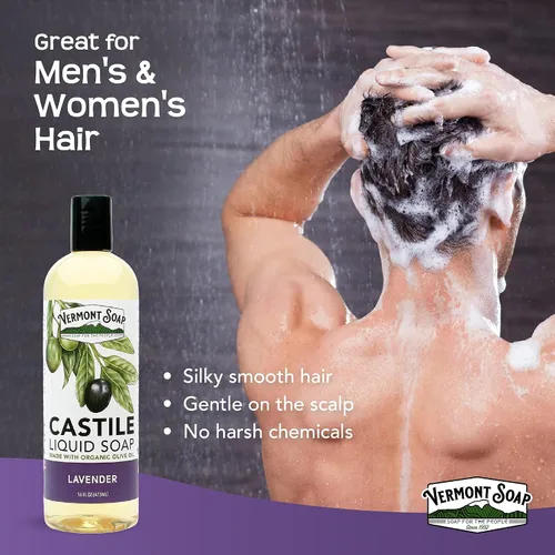 Vista 4 de Vermont Castile Jabón Lavanda, jabón líquido suave para pieles sensibles y gel de baño natural, champú orgánico para cabello graso, aloe castilla