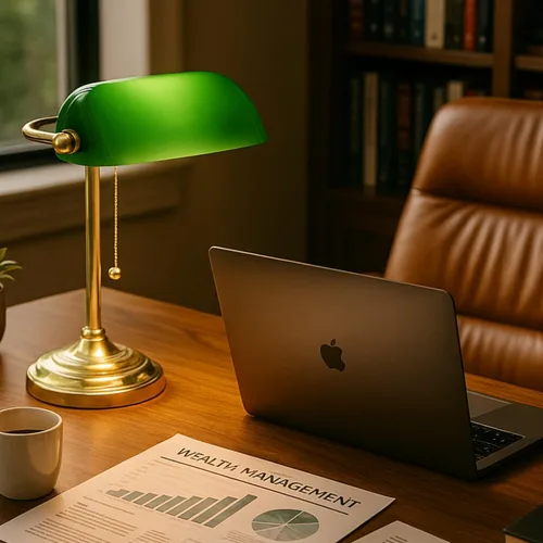 Vista 2 de LIGHTACCENTS Lámpara de escritorio estilo bancario tradicional con pantalla de vidrio verde y base de latón – Lámpara de escritorio clásica