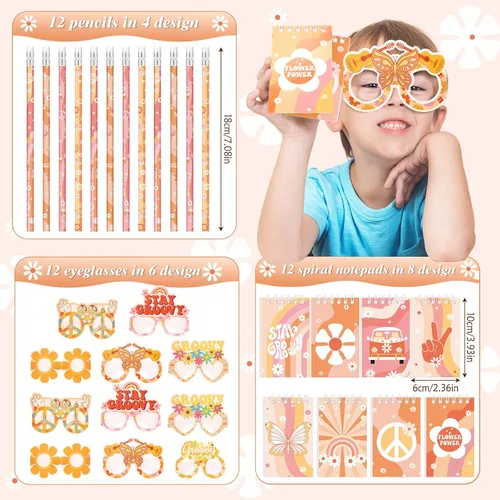 Vista 3 de Honoson Juego de 122 piezas de regalos de cumpleaños retro hippie, suministros boho, libreta de lápices, sacapuntas, gafas, bolsas de calcomanías