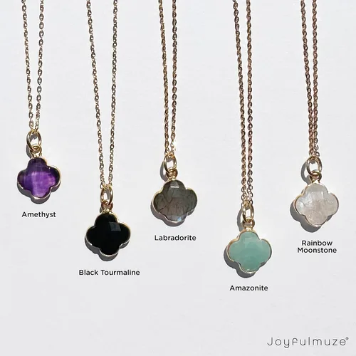 Vista 52 de Genuine Gemstone Necklace, Carved Four Leaf Clover Shape, Amethyst, Moonstone, Amazonite, Tourmaline, Labradorite, 925 Sterling Silver Jewelry