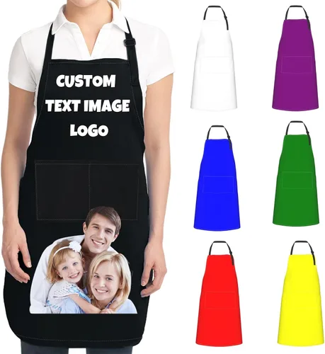 Vista 2 de Delantales de cocina personalizados para mujeres y hombres con bolsillos, personalizable, nombre, texto, logotipo, foto, chef, delantal de cocina