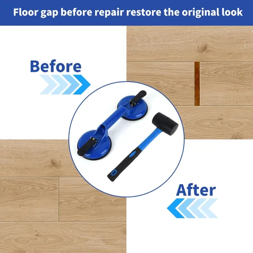 Vista 4 de Herramienta fijadora de huecos de piso para reparación de huecos de piso laminado, incluye ventosa y maza, kit azul
