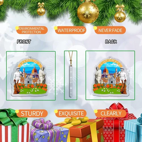 Vista 3 de Adorno navideño de Italia Florencia acrílico transparente de doble cara para decoración de árbol, colgante de recuerdo de viaje, colección