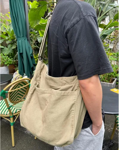 Vista 2 de Bolso bandolera de lona para mujeres y hombres, con múltiples bolsillos, casual, bolso de mensajero, viajes, trabajo