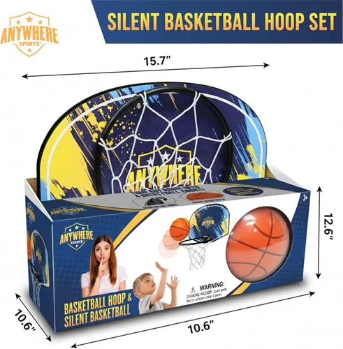 Vista 2 de Anywhere Sports Juego de baloncesto silencioso y aro – Sobre la puerta, juego silencioso para niños, fácil montaje con clip, incluye baloncesto
