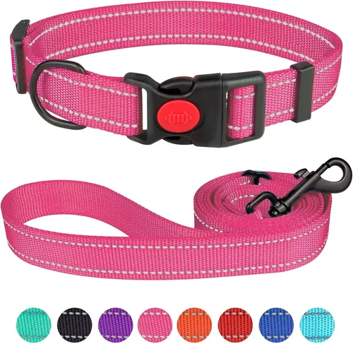 Vista 20 de Juego de collar y correa reflectante para perro con hebilla de bloqueo de seguridad, collares de nailon para mascotas ajustables para perros Negro