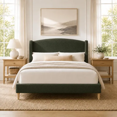 Vista 13 de Kelway - Base de cama tamaño Queen Boucle tapizada con cabecera curvada ajustable, no necesita somier, color beige