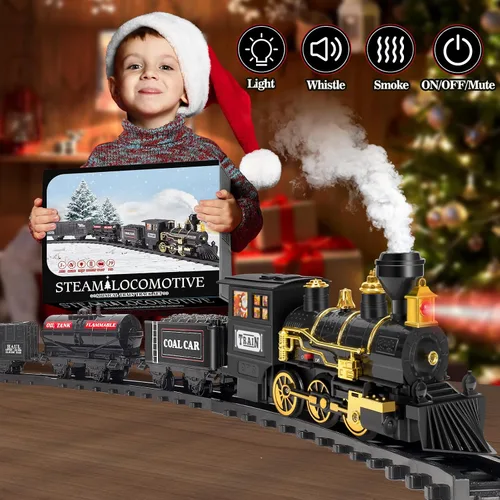 Vista 6 de BainGesk Juego de Tren, Juego de tren de Navidad con vapor, luces y sonidos, juegos de tren para alrededor del árbol de Navidad, juguetes de tren