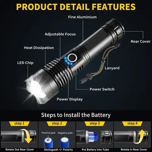 Vista 6 de Paquete de 4 linternas recargables de alto lúmenes, linterna LED súper brillante con 5 modos, linternas tácticas ajustables impermeables de alta