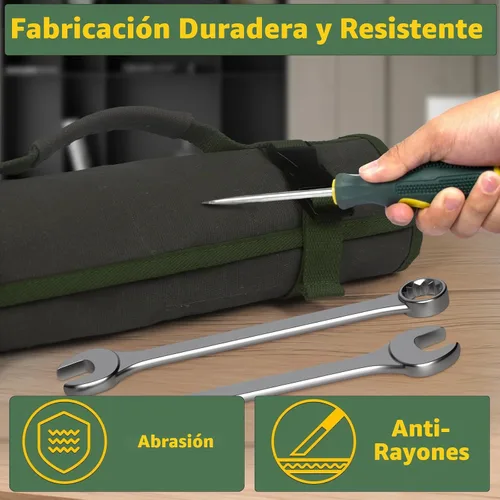 Vista 3 de Rollo de llaves de 30 bolsillos, resistente de 16 onzas. Bolsa organizadora de llaves de lona encerada para llaves métricas y SAE, bolsa de llaves