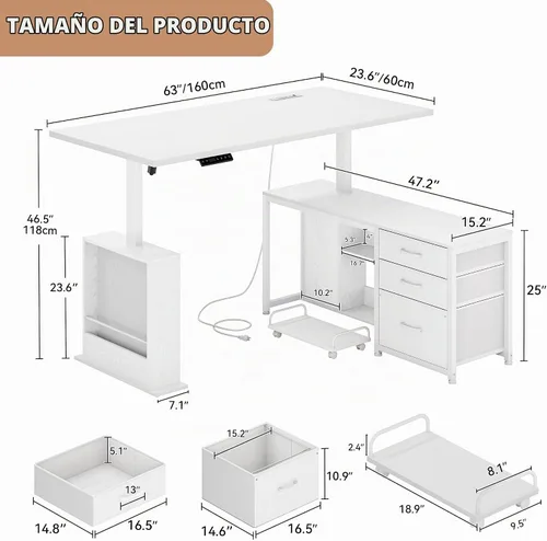 Vista 2 de Escritorio eléctrico en forma de L de 63 pulgadas con 3 cajones, mesa de computadora de almacenamiento, altura ajustable con tomas de corriente, 4