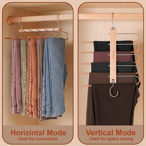 Vista 5 de Perchas para pantalones que ahorran espacio, paquete de 2 – 5 capas antideslizantes de madera multi pantalones perchas ahorro de espacio, diseño