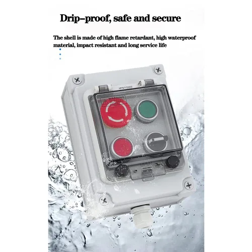 Vista 4 de Caja de botones con interruptor de parada de emergencia, botones de arranque/parada y rotativos (rojo/verde) Emergency Stop Button Red Green