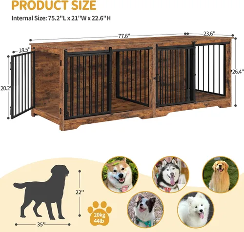 Vista 2 de Hzuaneri Mueble Jaula para Perros de 78" para 2 Perros, Jaula Doble para Perros con Divisor, Perrera de Madera Resistente para Perros, Jaula
