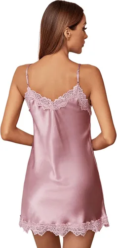 Vista 2 de SweatyRocks Lencería de encaje de satén para mujer, cuello en V, sin mangas, camisón para dormir