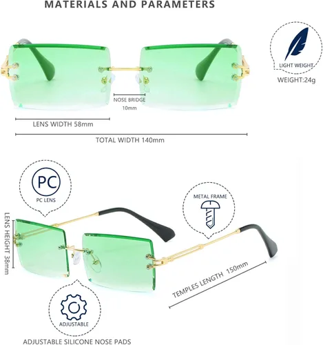 Vista 4 de LASPOR Gafas de sol rectangulares sin montura retro para mujeres y hombres, lentes teñidas de metal dorado, sin marco, gafas cuadradas vintage