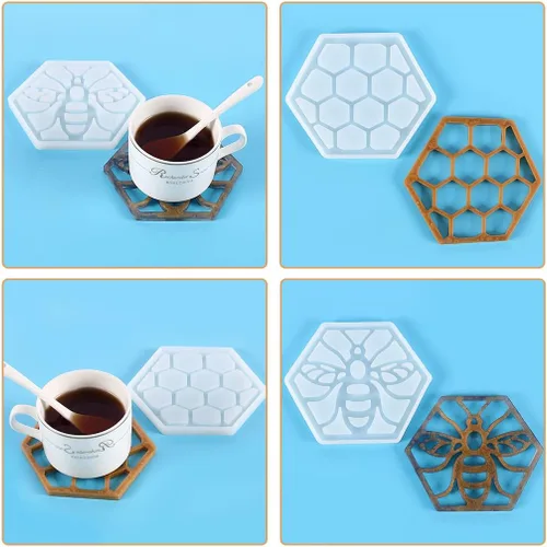 Vista 8 de Paquete de 2 moldes hexagonales de resina de silicona de grado alimenticio para fundición epoxi, soporte para tazas de automóvil, bandeja de ágata
