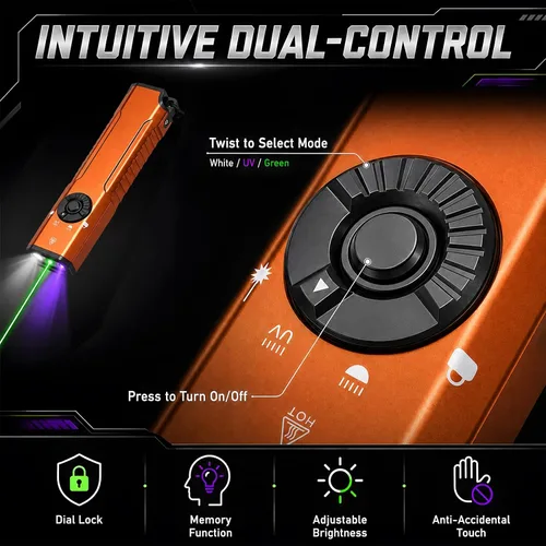 Vista 3 de EDC - Linterna plana recargable, LED blanco UV y luz verde (naranja)
