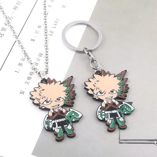Vista 4 de MHA Bakugo Charm Keychain Necklace Set - Anime Characters Deku Todoroki Pendant Necklace - Christmas Cosplay Gifts for Kids Girls Teens Women Men