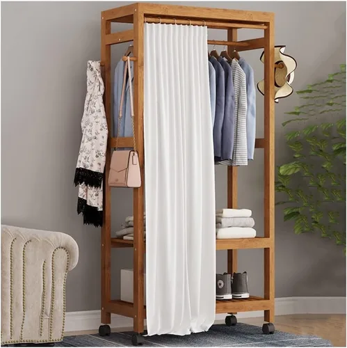 Vista 9 de Perchero de madera independiente para ropa, con 2 estantes de almacenamiento y 4 ganchos, ideal para almacenamiento de ropa de dormitorio